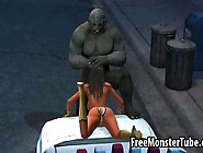 Hot 3D Babe Lays On A Cop Car And Sucks A Monsters Cock