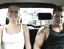 Blonde Hottie And A Muscular Fucker Are Driving At The Back Seat Of A Car