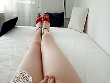 Horny Milf Tranny Talking In Sexy Voice To Do Footjob In Red High Patent Heels With Red Toes