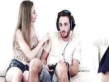 Two Teen Chicks Interrupted Gaming Session Of Their Buddy So They Can Have A Threesome
