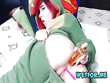 Croco-Cosplay Redhead And Her Gold Dildo