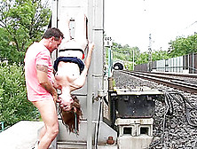 Exhibitionist In Fishnets Gets Fucked By The Railroad