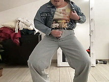 Crossdresser In Wide Leg Flare Palazzo Jeans,  Sissy T-Shirt And Crop Jeans Jacket Masturbating For You