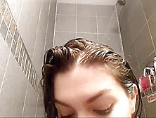 Sexy Brunette Shower,  Hair Brushing And Striptease, Long Hair