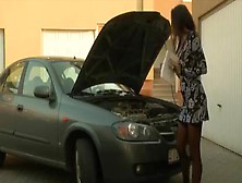 Busty Brunette - Gets Anal Assistance From Mechanic