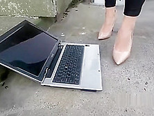 Laptop Crushed Stamped On And Destroyed In High Heels