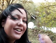 Dark-Haired Babe Is In Nature With Her Partner And He Wants His Cock Licked