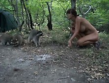 Nude Woman Big Boobs Feeding Animals Forest