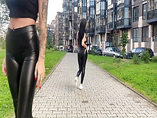 Two Hoes Walking In Leather Leggings Public Showing Booty