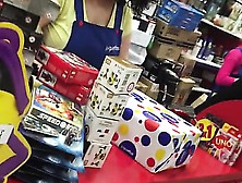 Chubby Brunette Cashier With Enormous Boobs Caught On A Spy