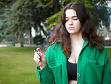 Pretty Brunette Is Smoking Cork Strong Cigarettes