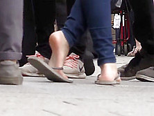 Candid Barefoot Shoeplay In Flip-Flops