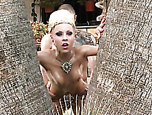Blonde In White Heels Braces Herself On A Tree Trunk During Hot Outdoor Boning.