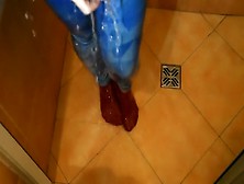 Blue Leggings And Red Socks In Shower