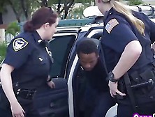 Two Slutty Cops Enjoying Interracial Outdoor Threesome Sex With