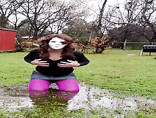 Gay Cd Outdoors Puddle Play In Nylon Pantyhose And Leotard