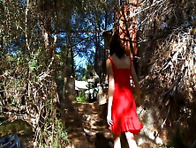 Girl In Red Dress Rides Hard Cock Anal In Wood