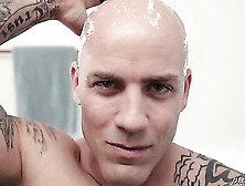 Handsome Bold Bloke Is Talking Dirty While Shaving His Head