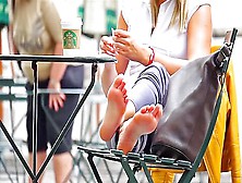Glamour Business Woman Filmed Barefoot By Voyeur At The Starbucks