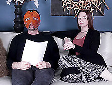 Jessica Kay Talks With A Masked Man Backstage At A Fetish Porn Set