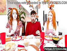 This Thanksgiving Excited Redhead Stepsisters Arietta Adams And Cherry Fae Screw Their Stepbrother In The Living Room,  Whilst Th