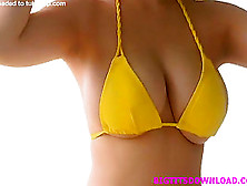 Busty Asian In Yellow Bikini Posing Her Huge Tits