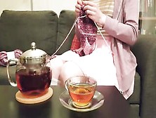 Cosy Diaper Pissing While Knitting And Drinking Tea