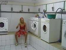 Blonde Wife Peeing While Doing The Laundry