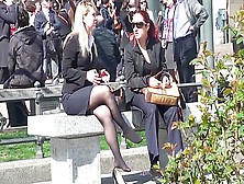 Spying Camera Captures Hot Businesswoman In Public Resting Her Feet In Nylon Stockings