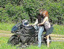 Parking His Bike And Fucking A Hot Teen Redhead In The Grass