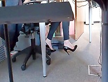 Hot Secretary In Tight Jeans Playing With Her Voyeur Feet At The Office
