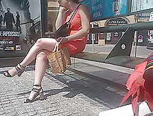 Woman With Chubby Sexy Legs On Bus Stop