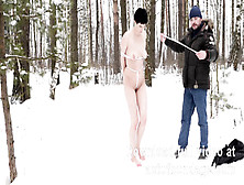 Naked Barefoot Claudia In Snow Bondage