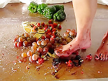 Crushing Grapes,  Crackers,  And Peppers Barefoot