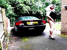 Amateur Crossdresser Kellycd2022 Pissing And Masturbating Outdoor On The Driveway In Seamless Pantyhose