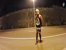 Handcuffed Maid Walking In Town Looking For Her Heels