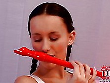 Sweet Claudia Adams Licks Long Red Dildo On The Couch And Seduces A Guy