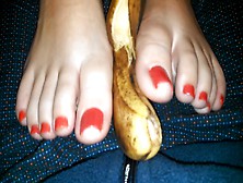 Dirty Teen Uses Her Magical Feet With Red Nail Polish On A Ripe Banana