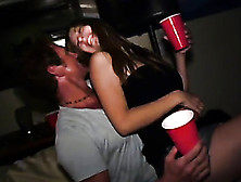 Skinny Brunette Seduces A Horny Guy To Fuck Her Pussy While On A Party With Their Friends Watching Them