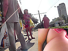 Outdoor Upskirt Scene Filmed At The Local Bus Stop