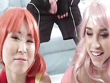 Thin Cosplayers Sucking Off Before Cockriding Inside 3 Way