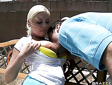 Stunning Blonde With Bit Jugs In White Shirt And Blue Miniskirt Gives Man A Bj Before He Ravages Her On A Bench Outside.