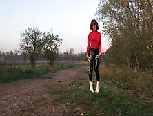 In Tight Leatherpants Posing Outdoor