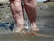 Fat Bare Legs With Red Pedicure Walk Along The Bank Of The River,  Fetish.