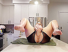Fine Lady Mounts Herself On The Kitchen Counter--Squirting All Over The Place