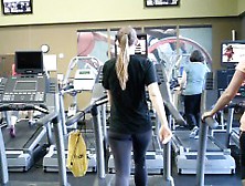 Blonde Chick In Tights Is Walking On The Treadmill And Caug