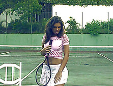 Beautiful Solo Brunette Pleasuring Her Cunt On A Tennis Court