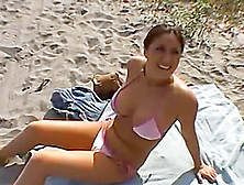 Cute And Busty Brunette Jerks Off A Man She Met At The Beach Until He Spews
