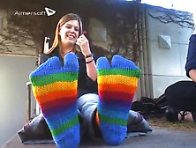 Lovely Amateur Girl Shows Off Her Colorful Socks And Feet In Public