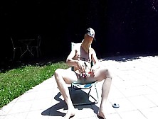 Estim Nude Out On Deckchair Balls-Nipples Pinched By Hangers
